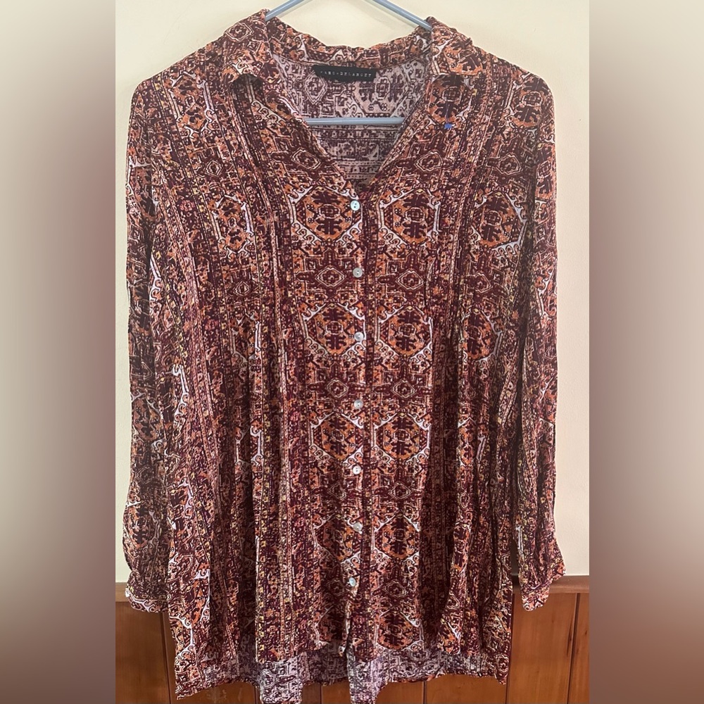 JANE & DELANCEY size SMALL brown & orange geometric buttoned up long sleeve top